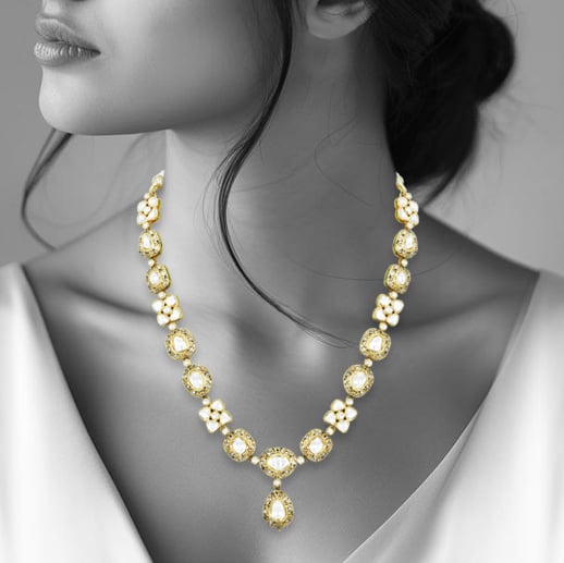 Polki Necklace with Teardrop Pendant in Partash work